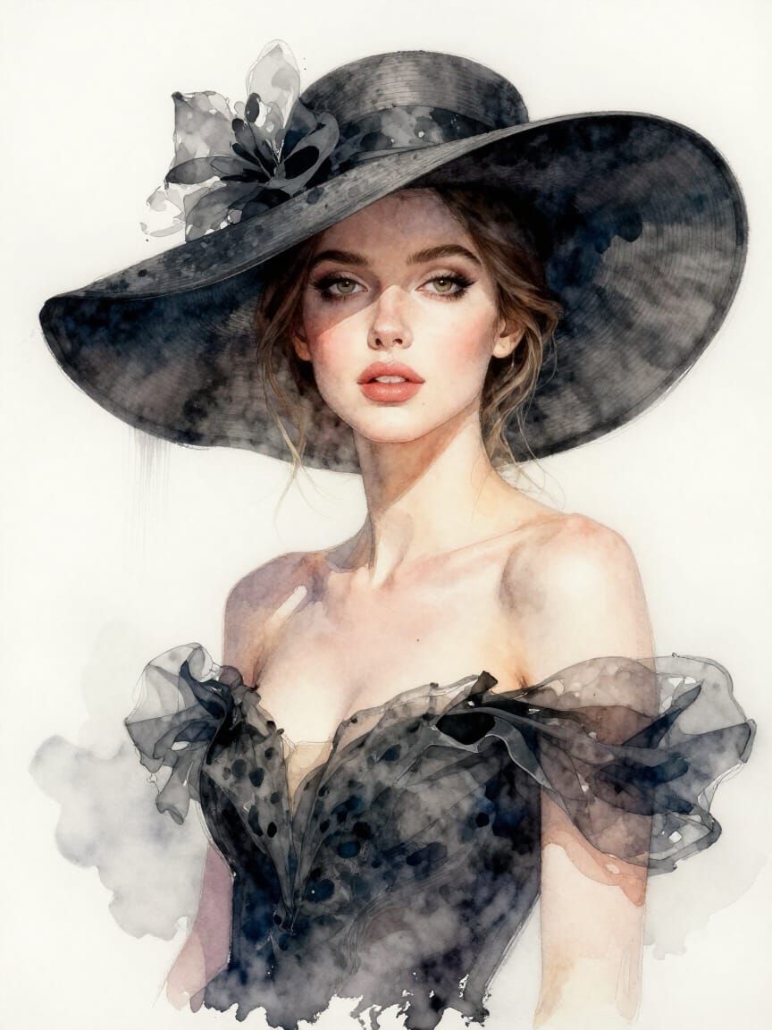 Elegant Woman in Hat, Watercolor Portrait