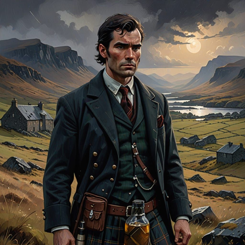 A Brooding Highland Warrior Cradles a Bottle of Fine Scotch