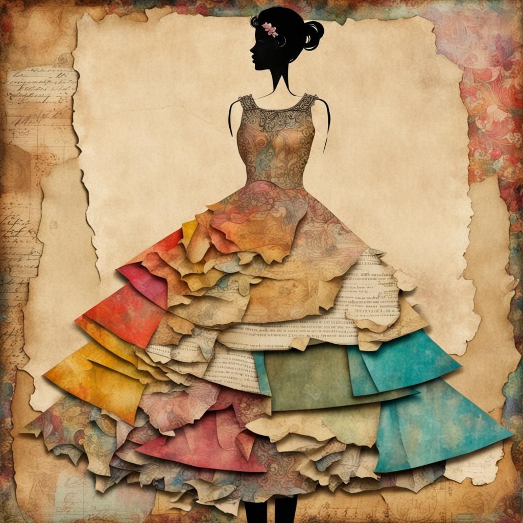 collage art :: layered colorful vintage paper dress collage ...