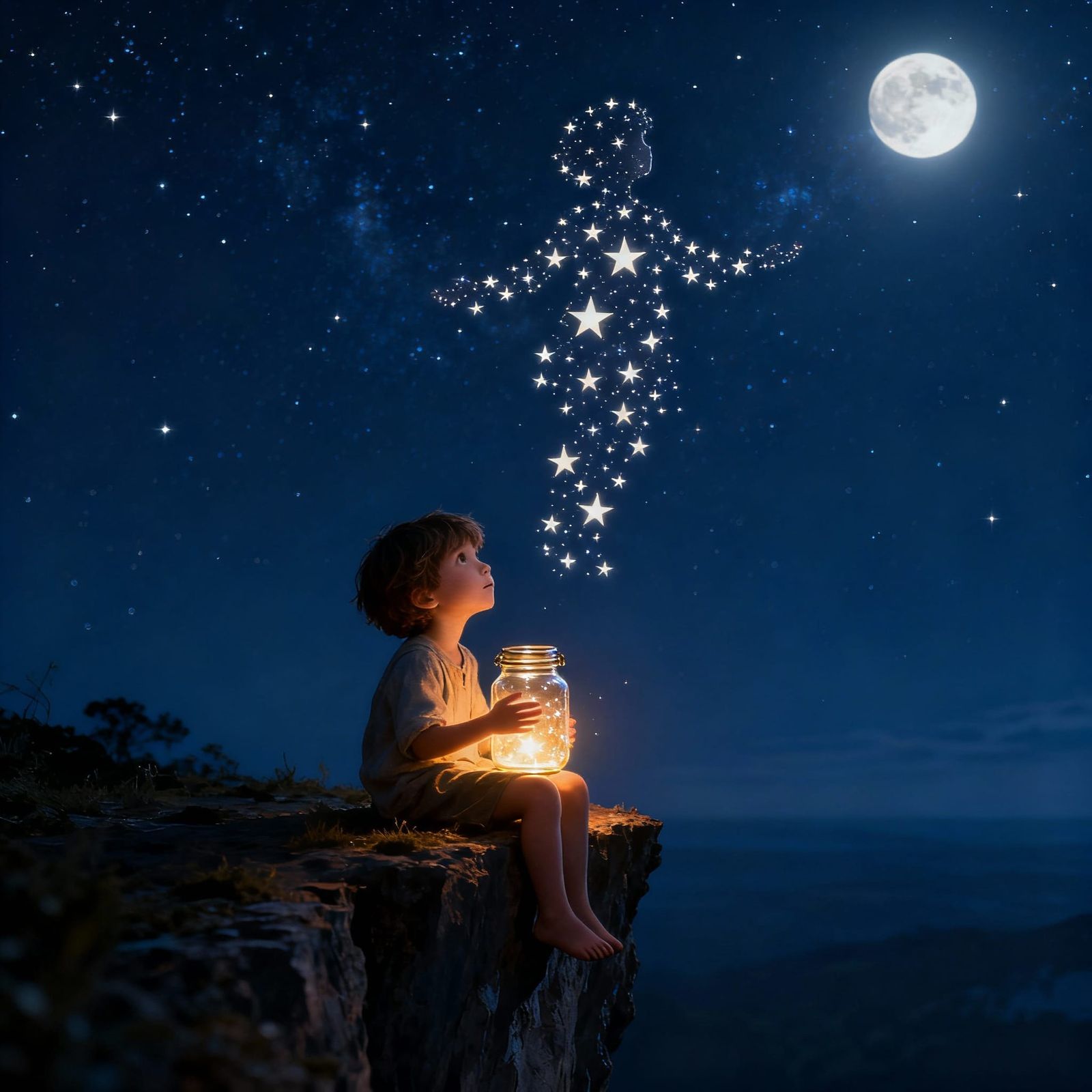 Child Bathed in Starlight on Cliff Edge