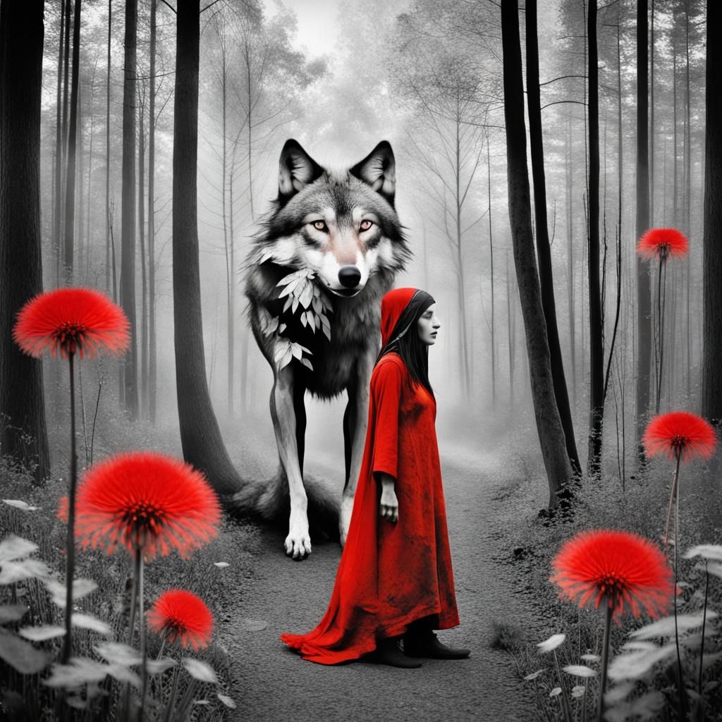 Surreal Wolf and Red Riding Hood Double Exposure