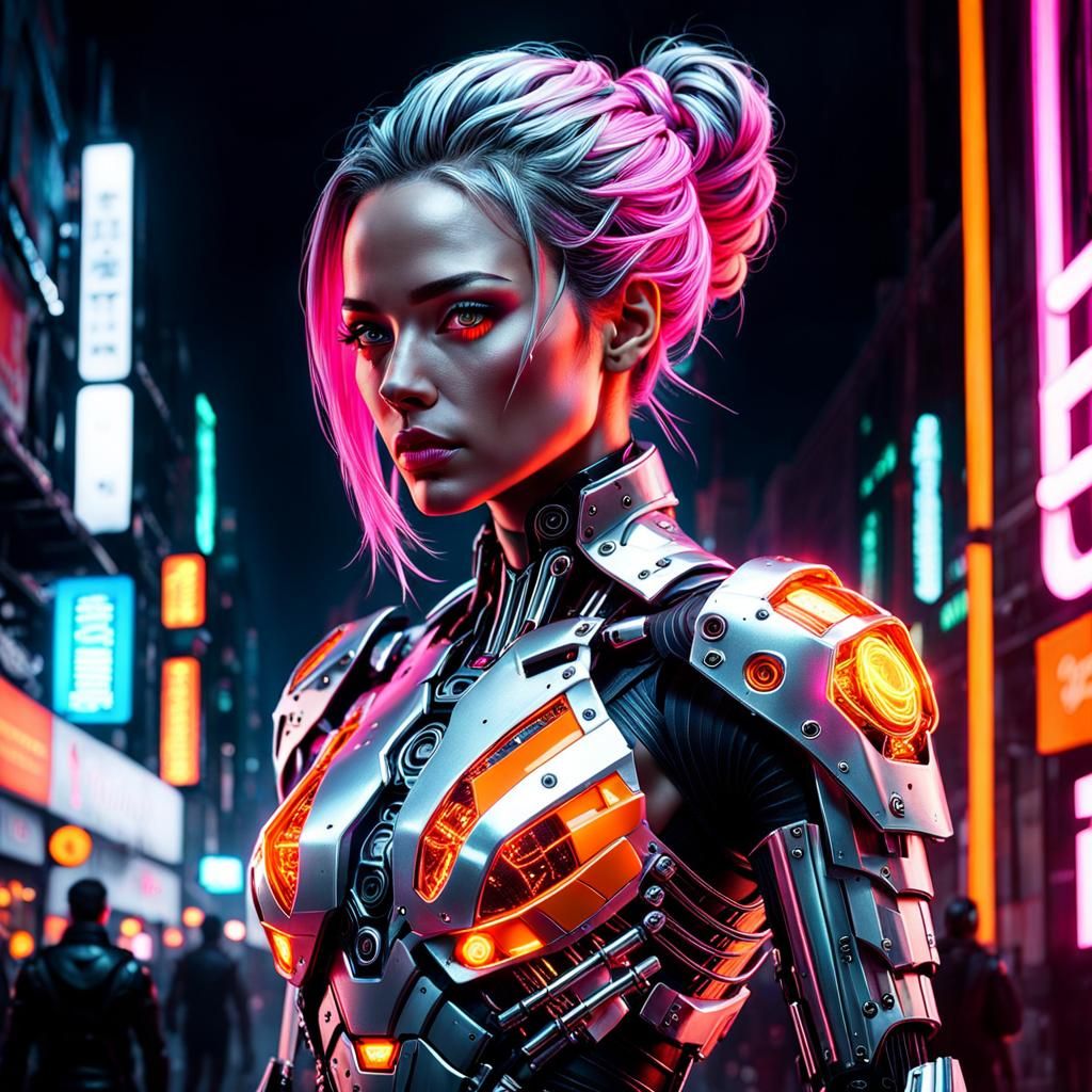 Hyper-Detailed Cyberpunk Cyborg Girl in Neon Cityscape