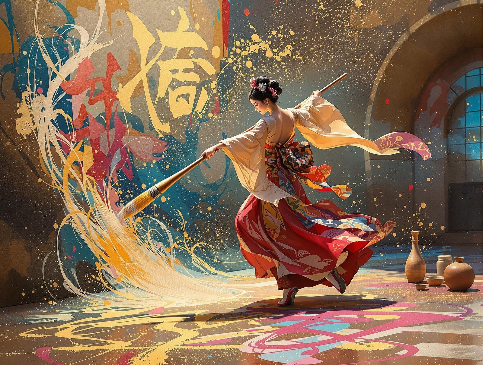 Japanese Princess Dancing with Paintbrush, Impasto Art