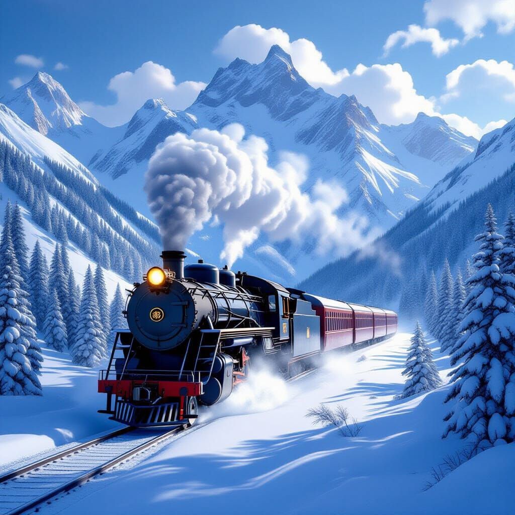 Art Deco Steam Train in Snowy Mountains