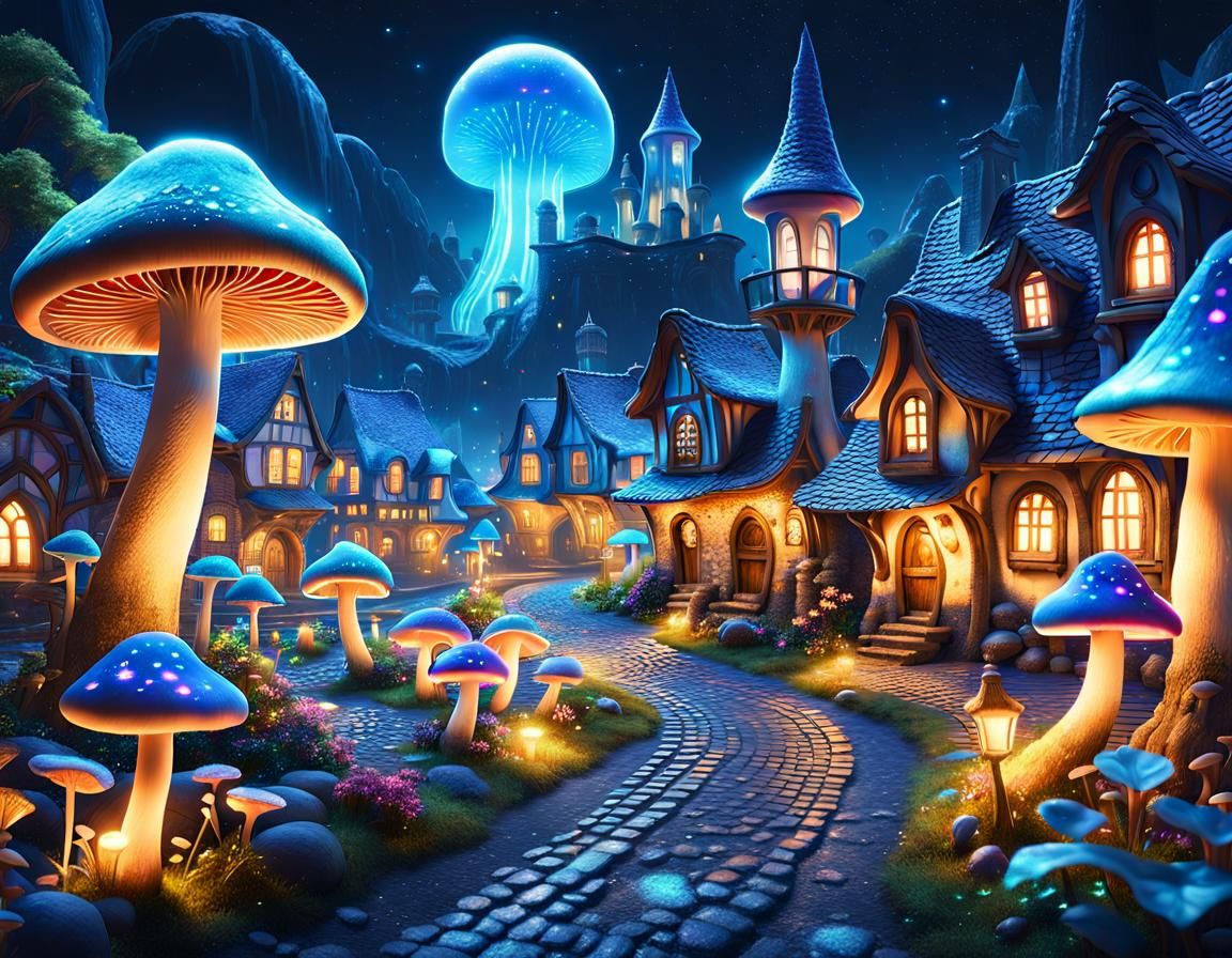 Bioluminescent Mushroom Village with Fairy Dust in 8K
