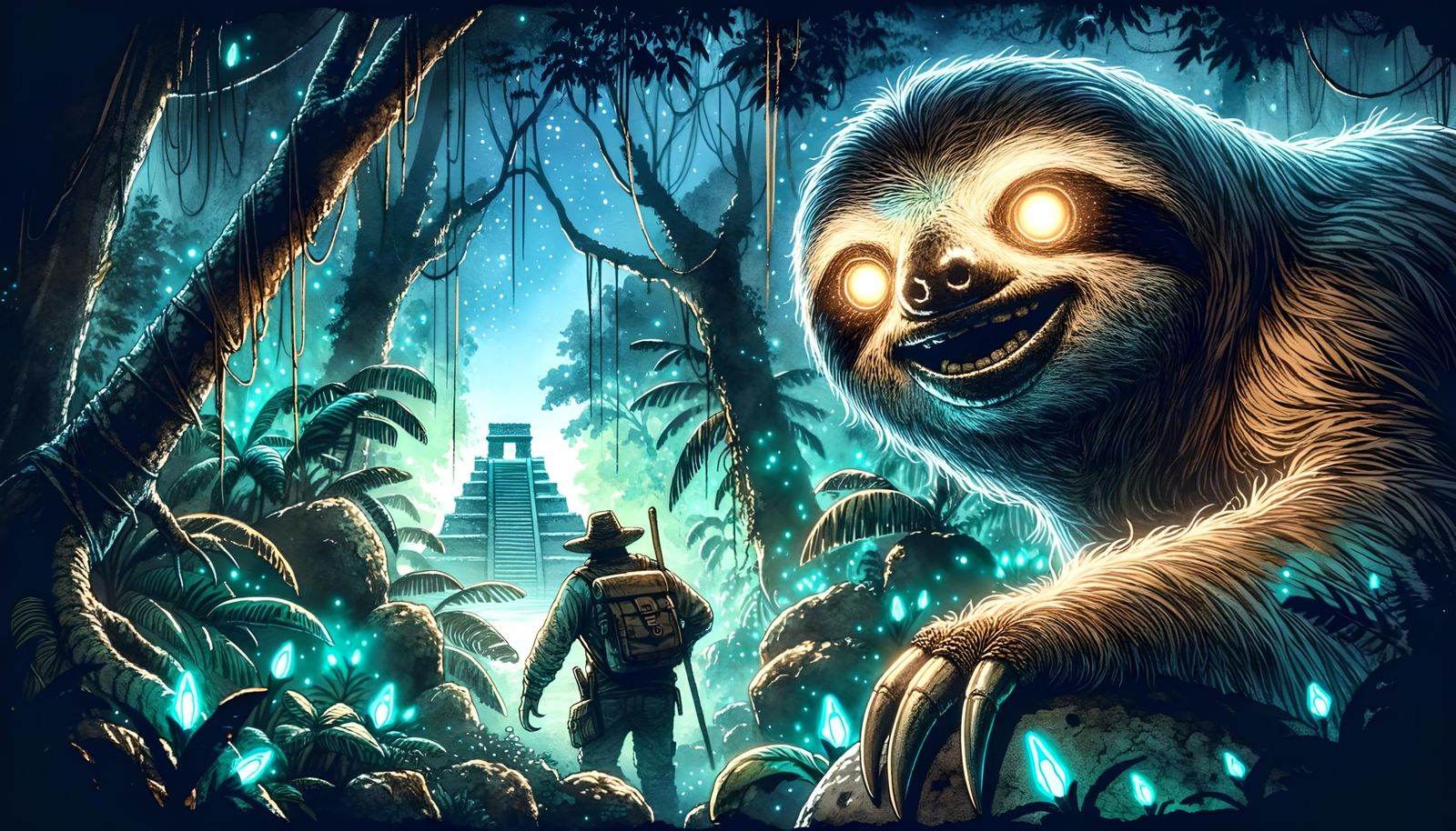 Undead Sloth Adventure in Bioluminescent Jungle, Watercolor ...