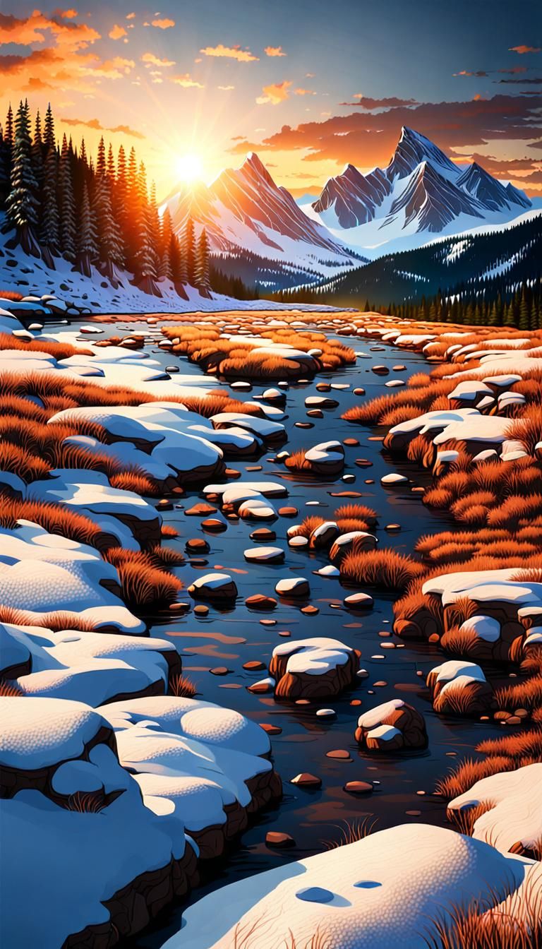 Picturesque Mountain Landscape at Sunset with Thawing Snow