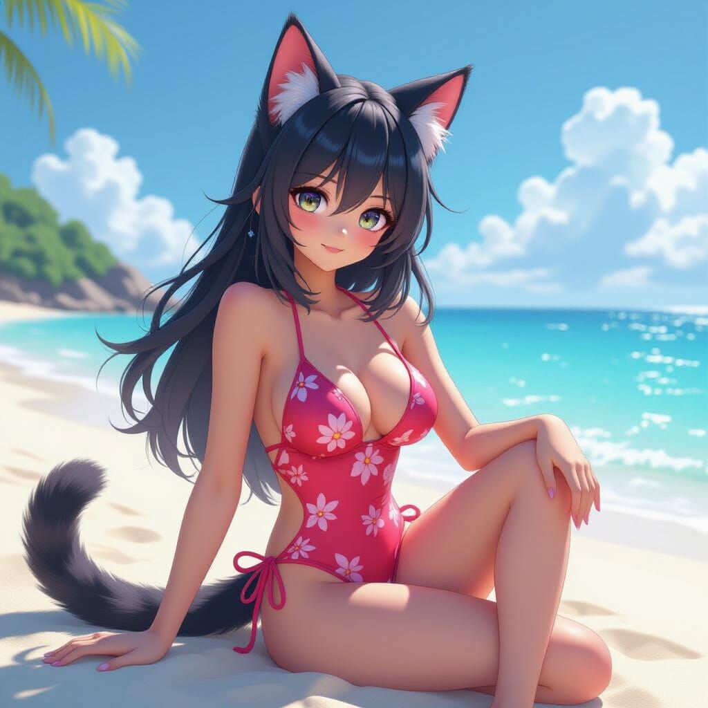 Anime Cat Girl in Swimsuit on Beach