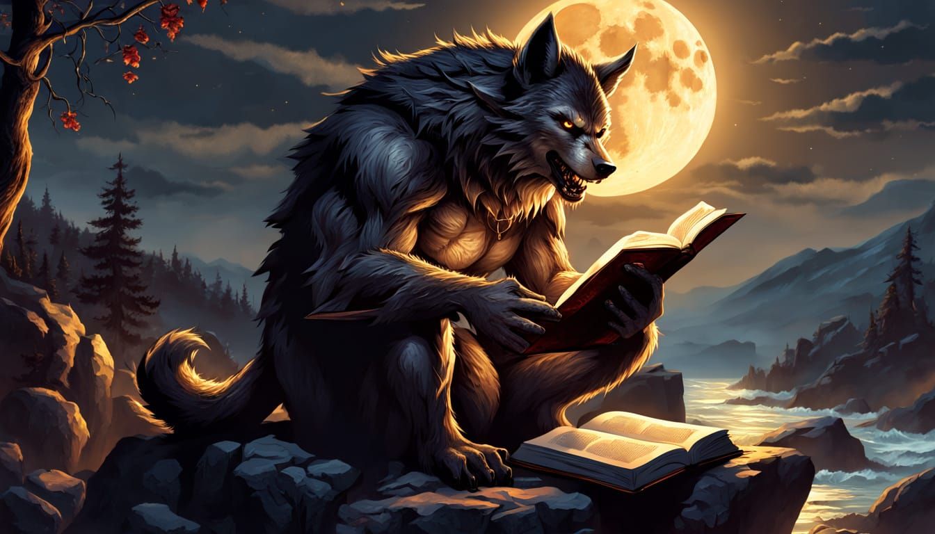 Werewolf Reading by Blood Moon in Gothic Style