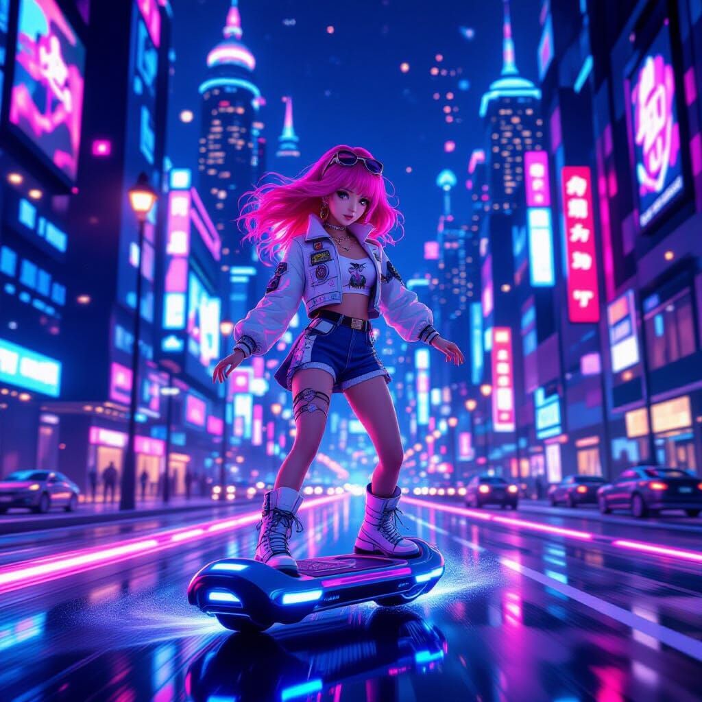 Woman in 70s Fashion on Hoverboard in Neon City