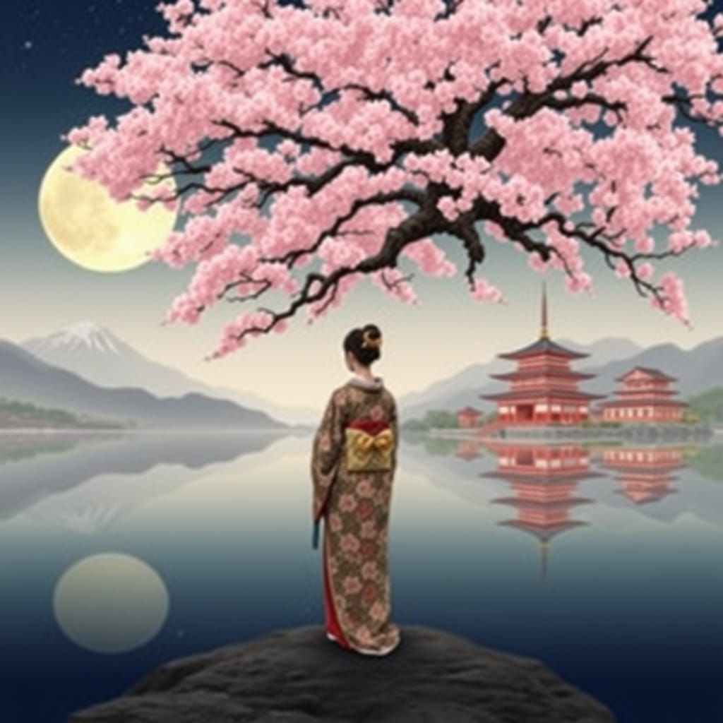 Ancient Sakura Tree Under Full Moonlight in Japanese Landsca...