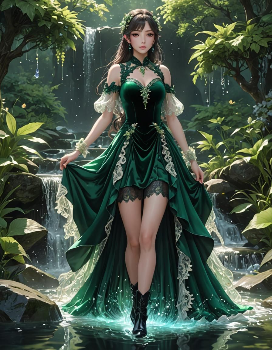 Green Velvet Dress with Crystal Top: 3D Art