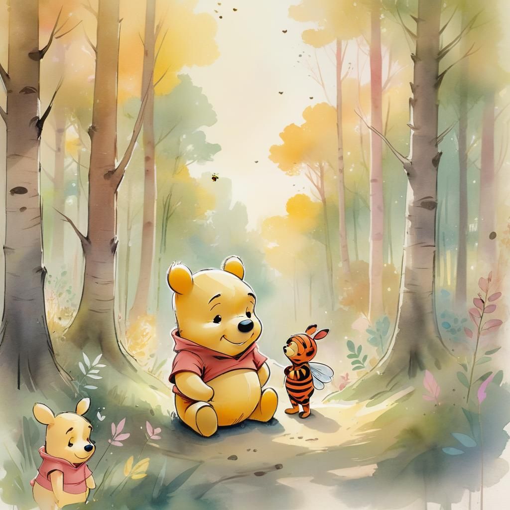 Watercolor Portrait of Winnie the Pooh in Forest