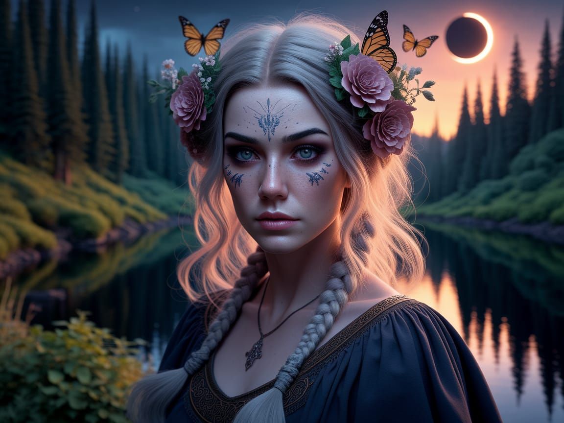 Ethereal Norse Celtic Goddess in Lush Forest Landscape
