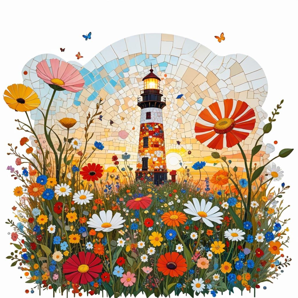Wildflowers at Lighthouse Sunset as Klimt-Inspired Mosaic