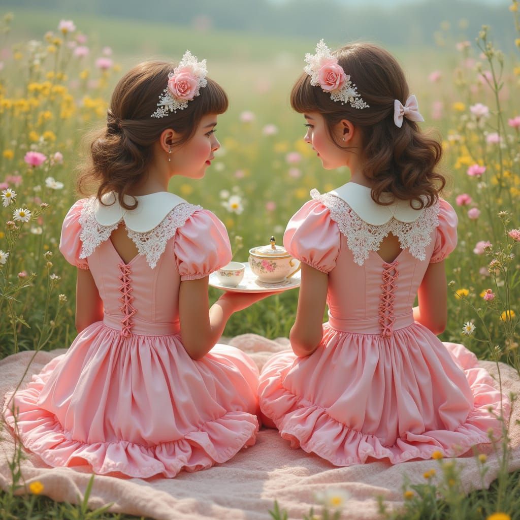 Whimsical Picnic with Young Women in Pink Dresses
