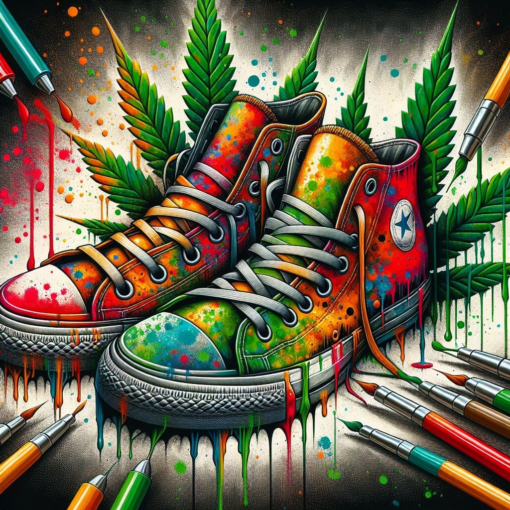 Cannabis Shoes Street Art Graffiti in Polychromatic Colors