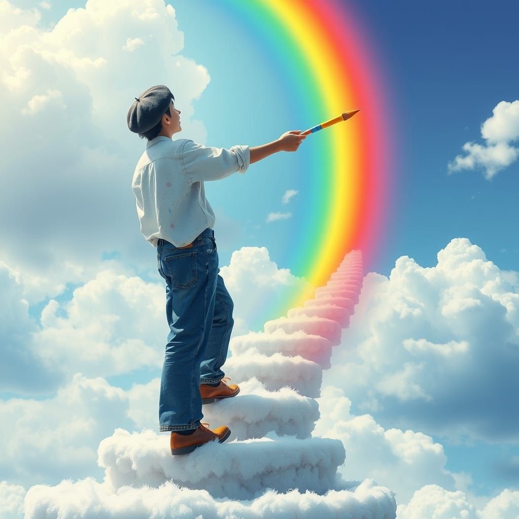 Artist Paints Rainbow on Cloud Stairs