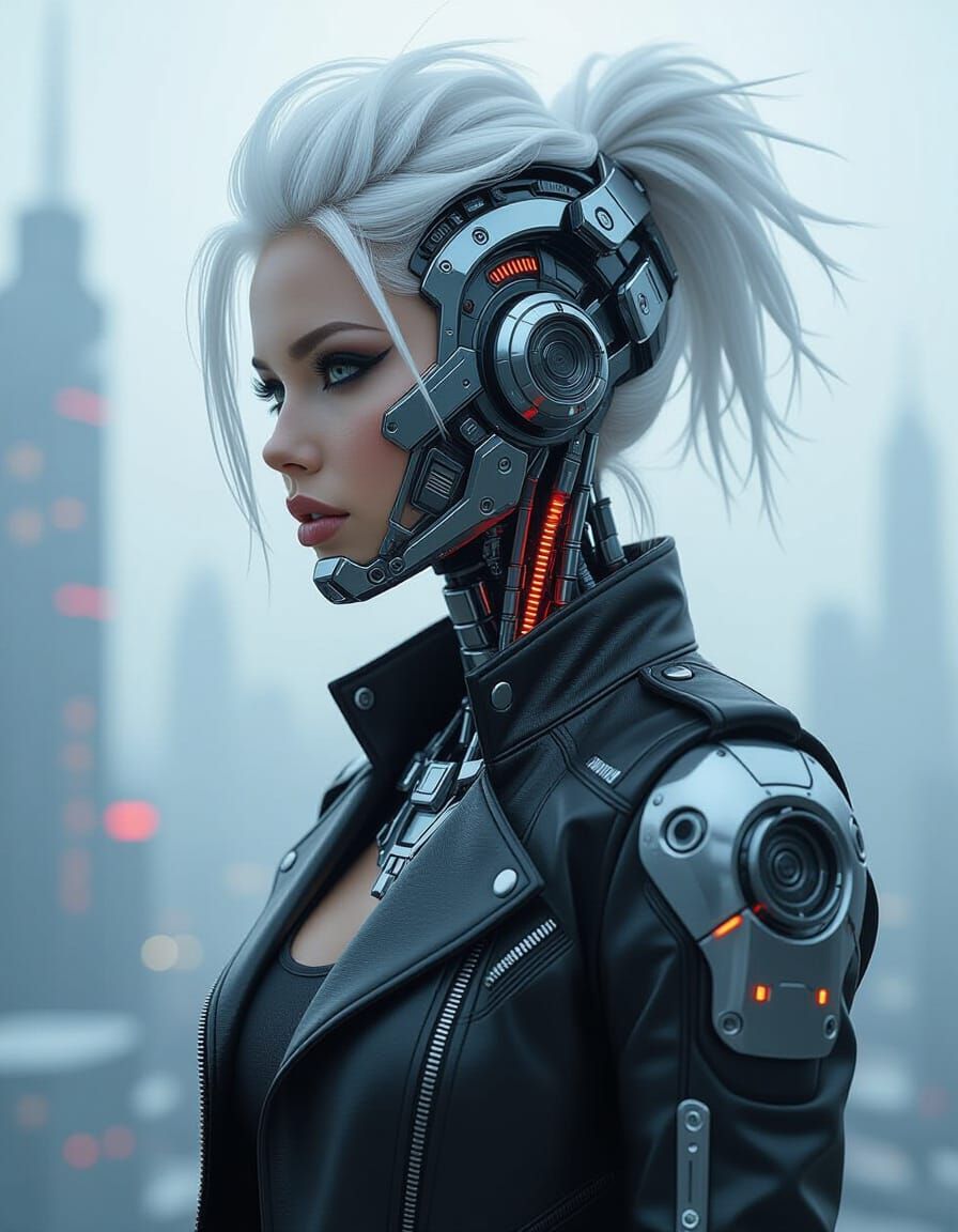 Futuristic Cyborg Woman Portrait in Hyper-Realistic Style