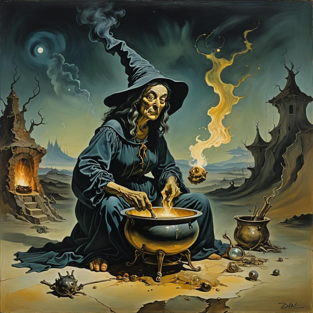 Surrealist Witch Stirring Cauldron, Oil on Canvas