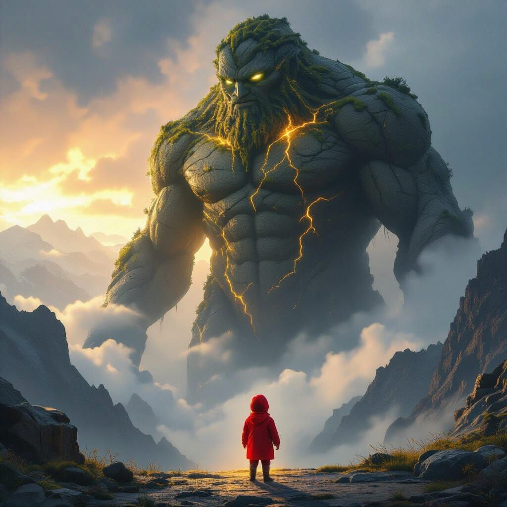Child on Giant's Palm in Misty Mountains, Fantasy Art