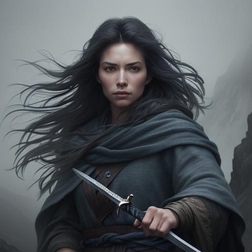 Fearless Woman with Sword in Misty Mountains: Watercolor