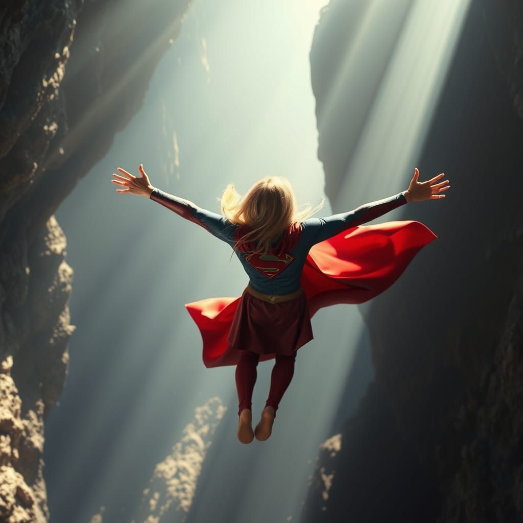Supergirl Free Falling from Cave in Hyperrealistic Comic Sty...