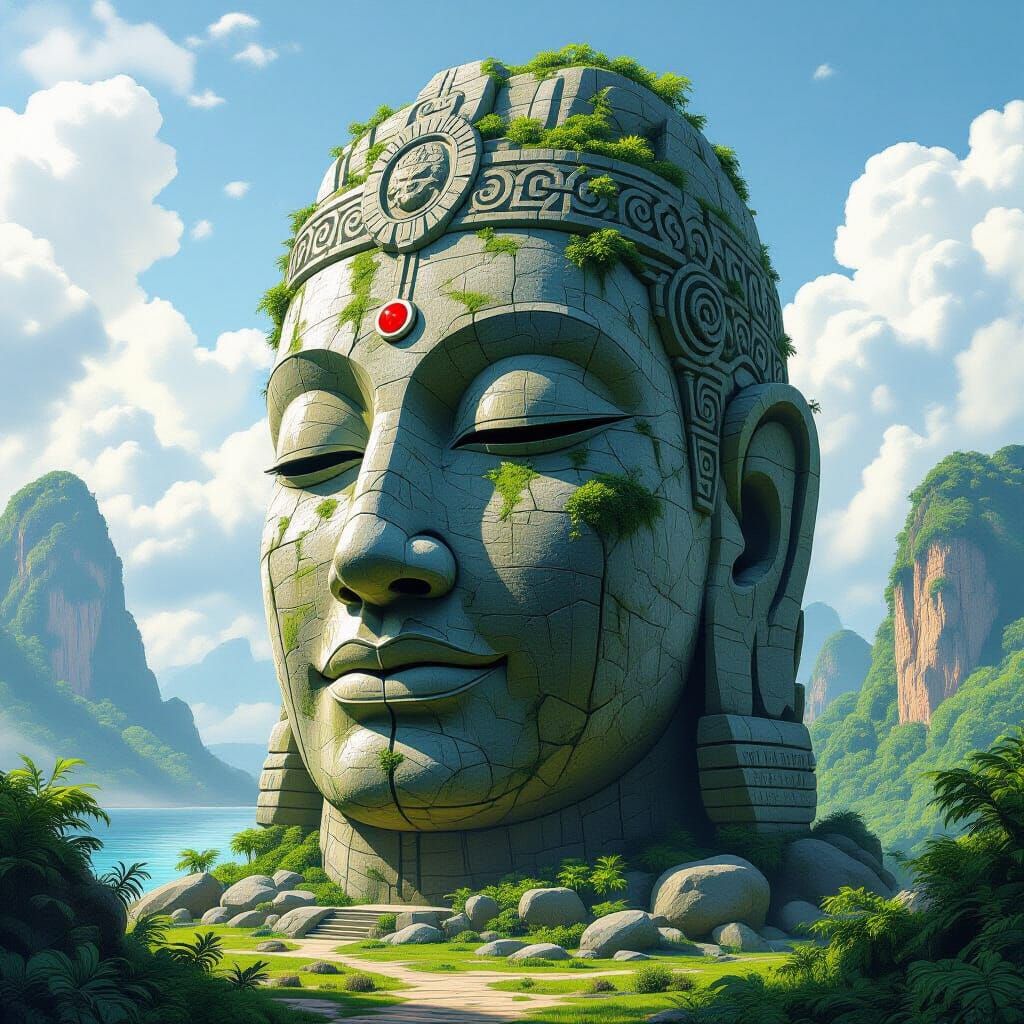 Paradise Island Stone Figure in Moebius Style