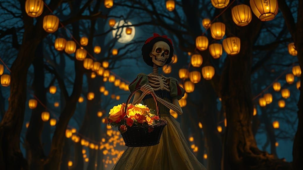 Skeletal Snow White in Lantern-Lit Enchanted Forest