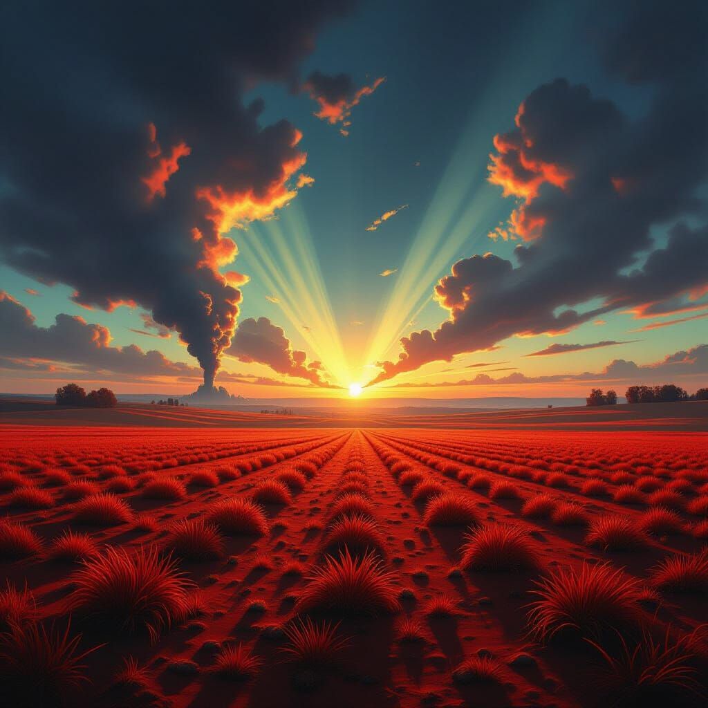 Desolate Red Field Under Nuclear Disaster