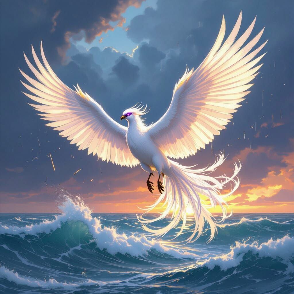 White Phoenix Soars Over Stormy Ocean in Stylized Art