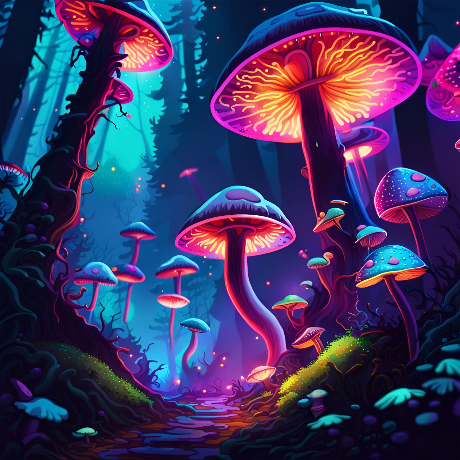 Neon Magic Mushrooms and Fairies in Avatar Forest