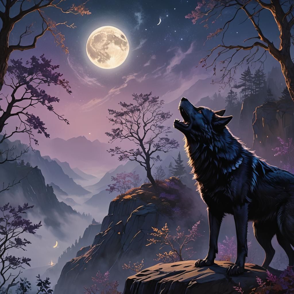 Black Wolf Howling at Moon: Digital Concept Art
