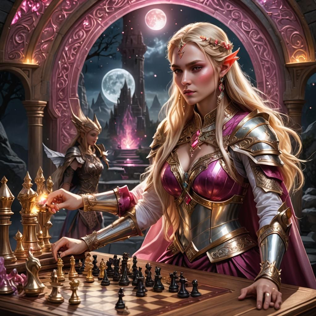 Elf Goddess Plays Chess in Photorealistic Fantasy Art