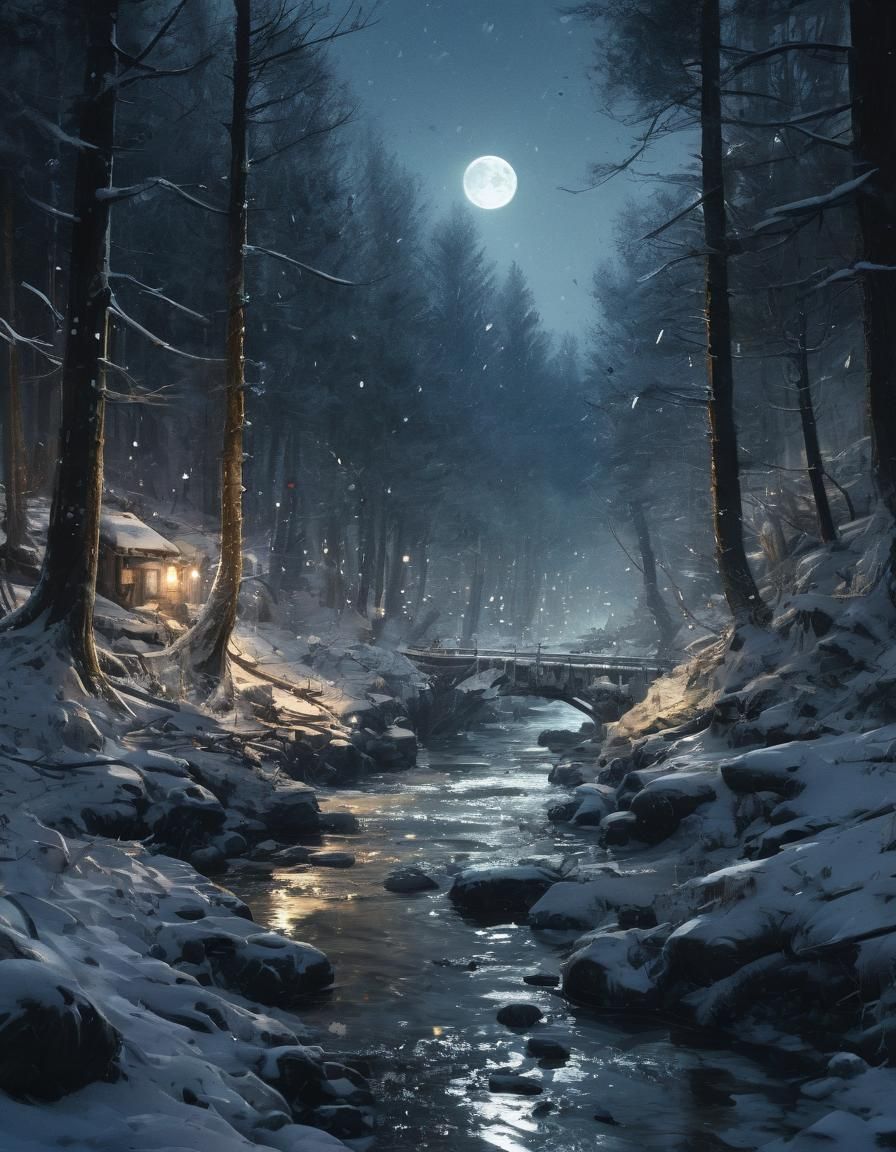 Magical Winter Forest Creek in Watercolour