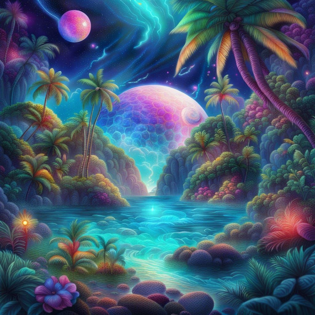 Tropical Island Oasis in Holographic Astral Style