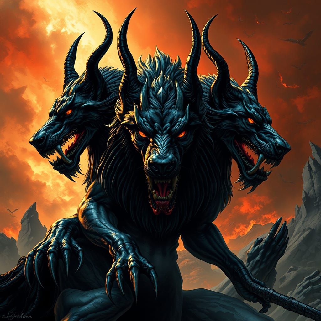 Regal Cerberus in Dark Fantasy Art Style