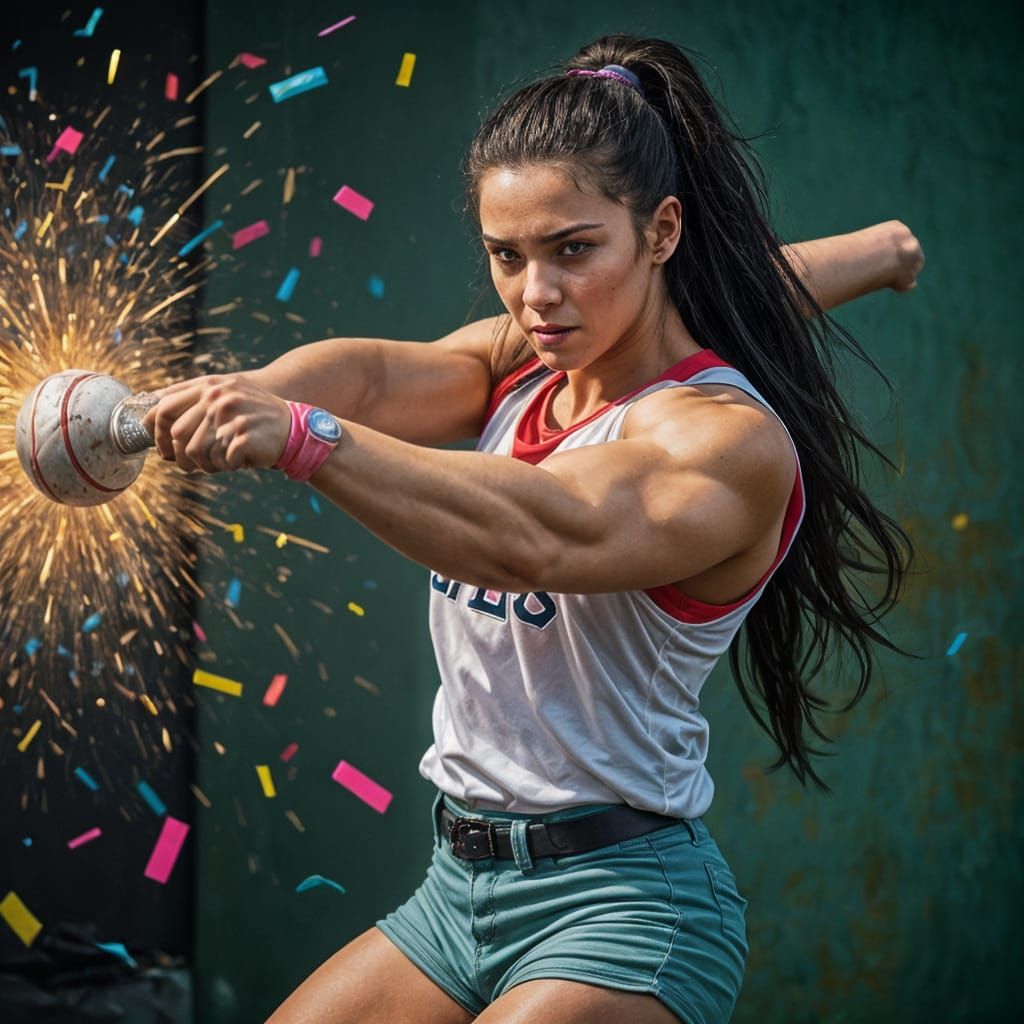 Sleek Female Bodybuilder Unleashes Power in Vibrant Neon Dre...