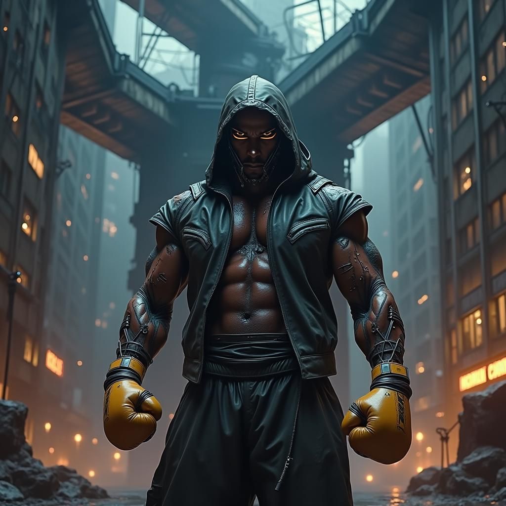 Cyborg Boxer in Dystopian Cityscape: Fantasy Concept Art