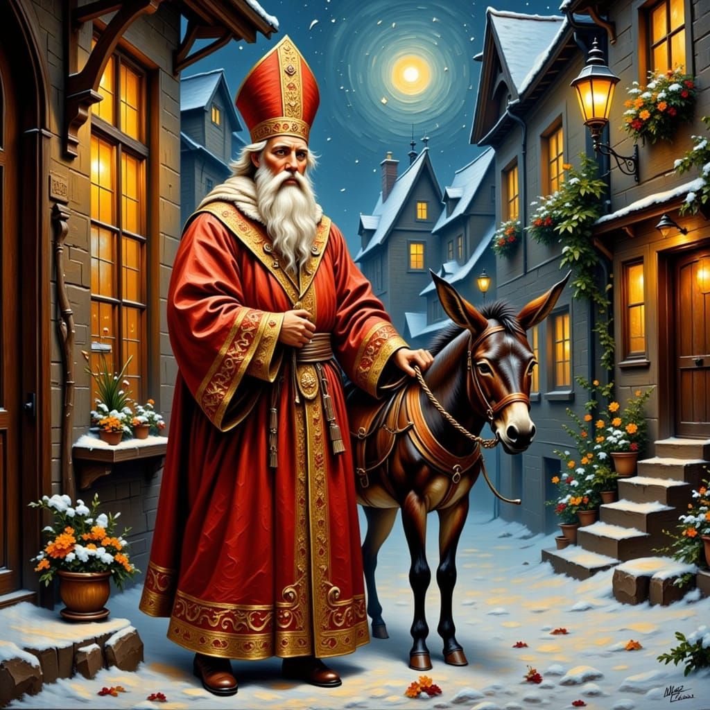 Saint Nicholas in Snowy Village, Impasto Style