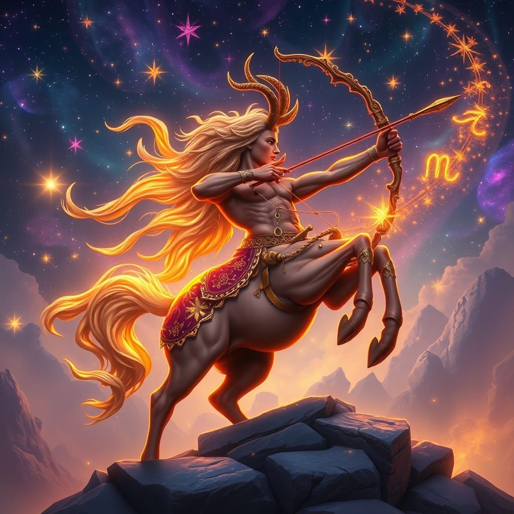 Majestic Sagittarius in Celestial Golds and Fiery Purples