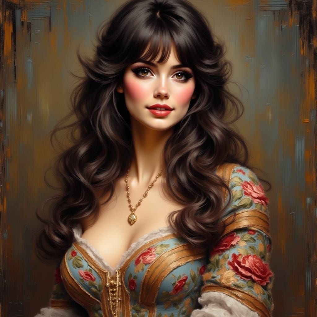 Gorgeous 18th Century Woman in Intricate Oil Painting