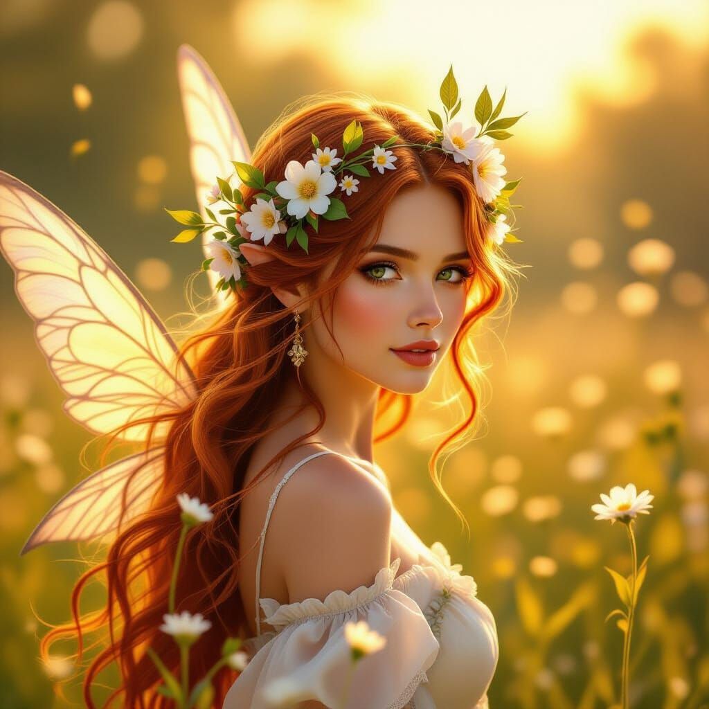Fantasy Fairy with Flower Headdress in Golden Hour Summer La...