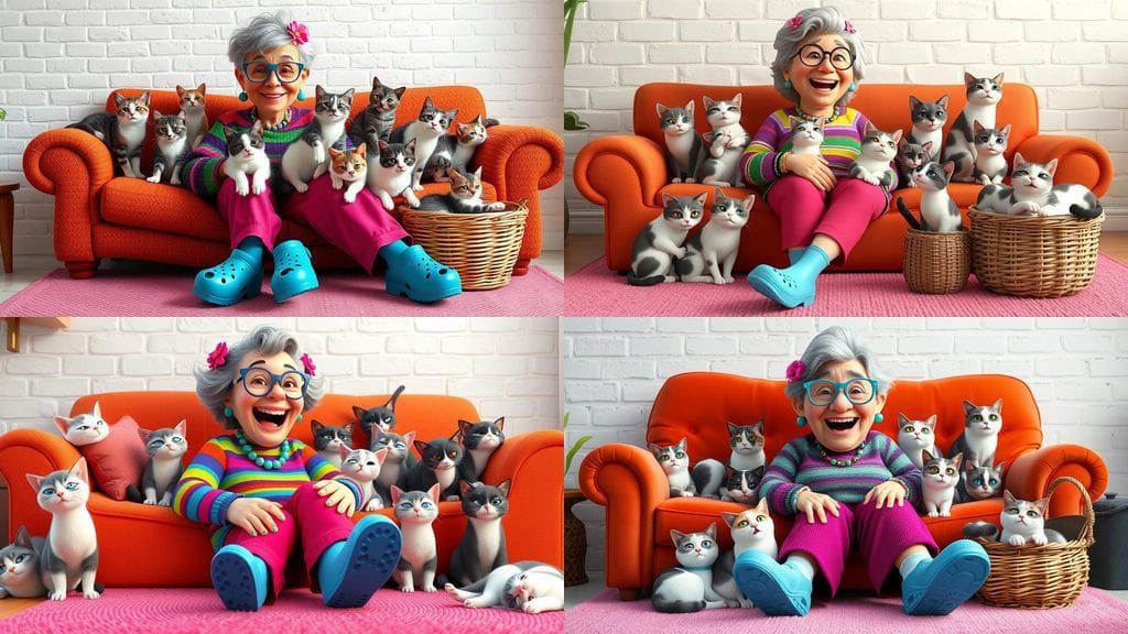 Joyful Elderly Woman Surrounded by Cats in a Whimsical 3D Sc...