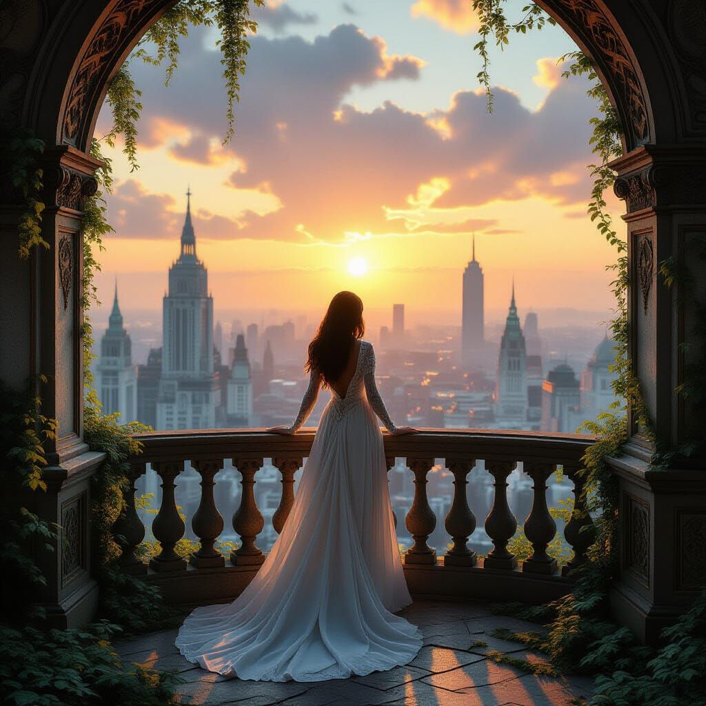 Ethereal Woman on Crumbling Balcony Overlooking Nature Recla...