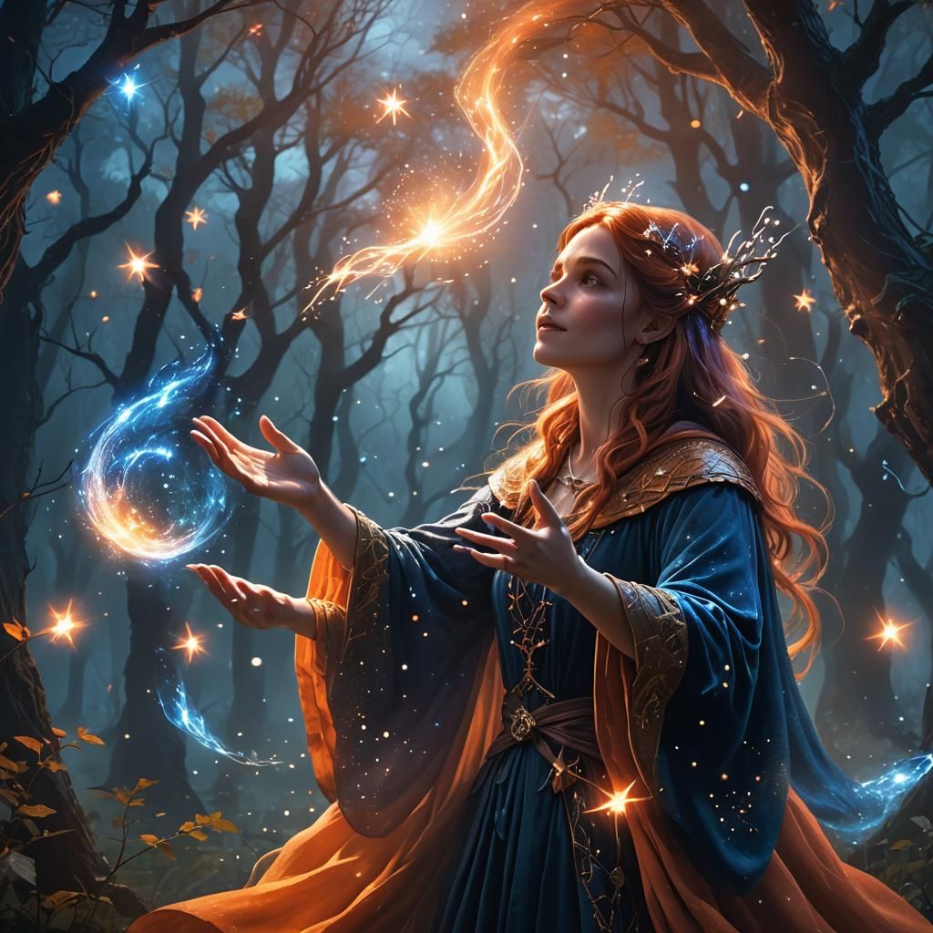Sorceress Casting Spell in Mystical Forest: Fantasy Art