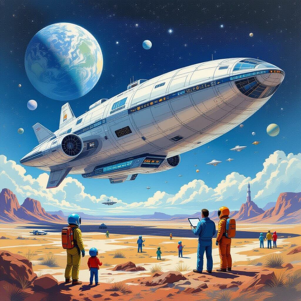 Humans and Aliens Design Spaceship: Gouache Painting