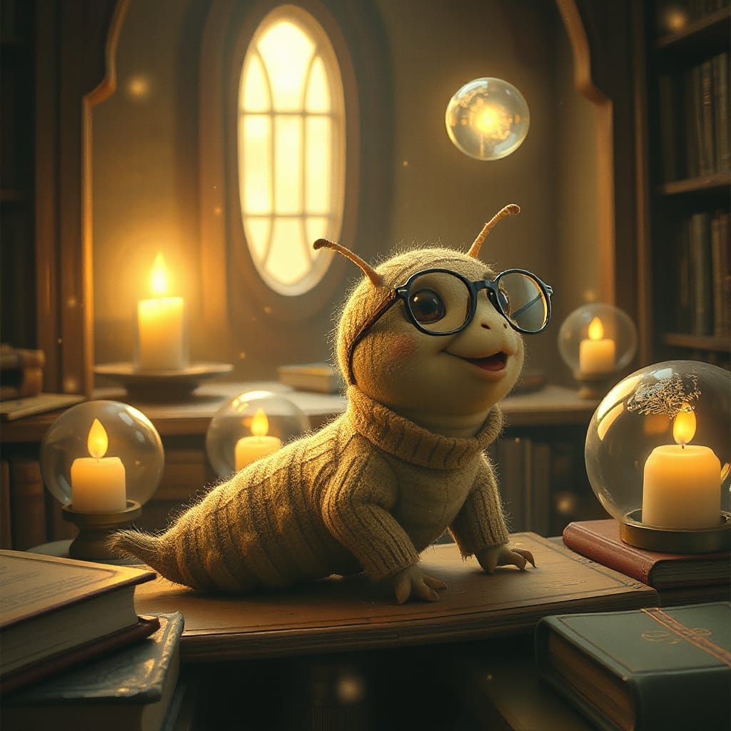 Delighted Caterpillar in Mystical Library Scene