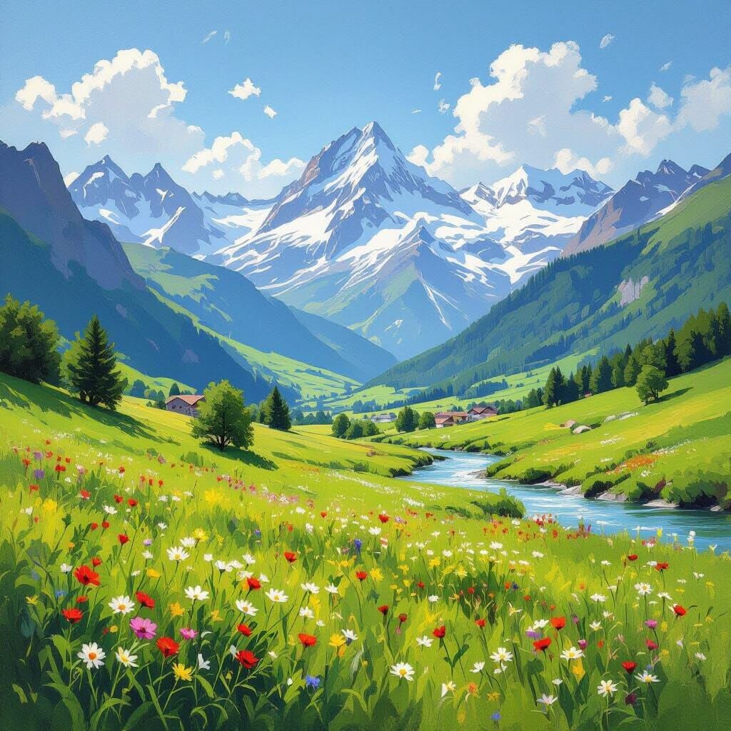 Summer Swiss Alps Landscape in Impressionistic Style