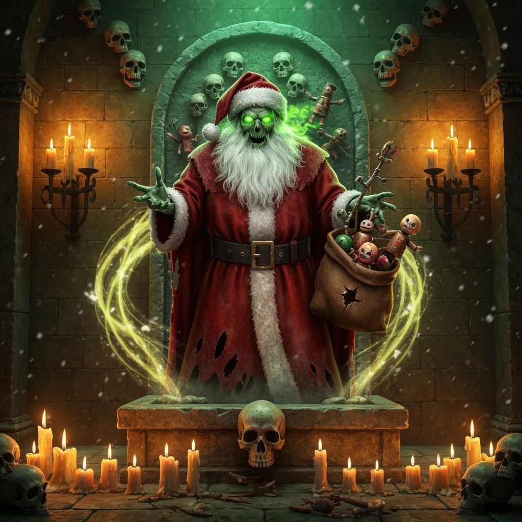 Undead Santa Rises from Sarcophagus in Dark Fantasy Catacomb...